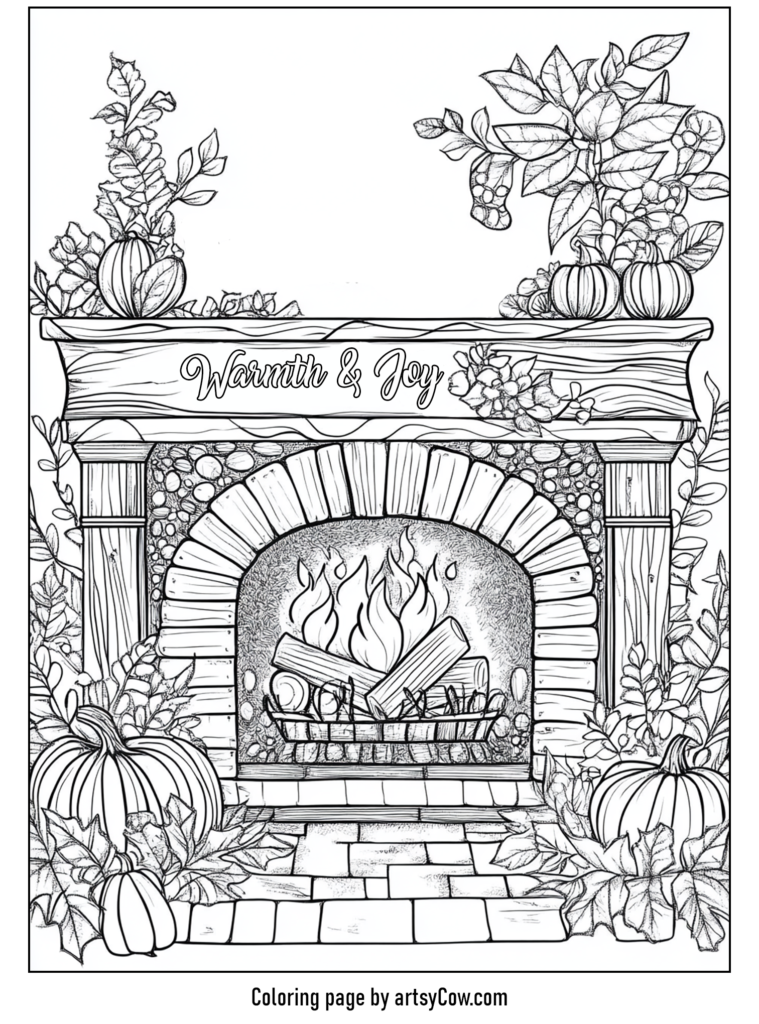 thanksgiving coloring pages for adults featuring a cozy fireplace scene with autumn leaves, pumpkins, and the words 'Warmth & Joy' adorning the mantel.